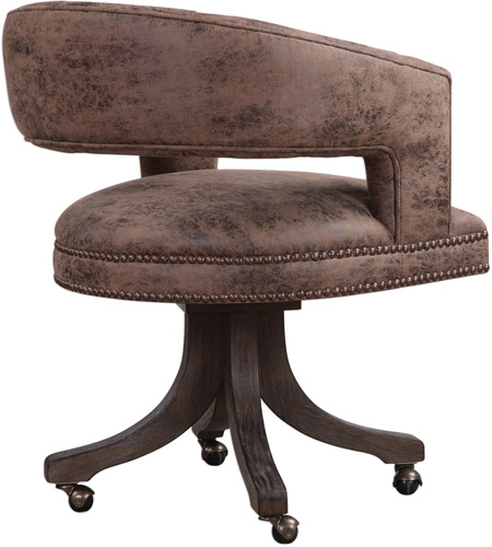 Uttermost 23409 Waylon Distressed Cocoa Brown Fabric and Dark Walnut Swivel Chair 23409-A2.jpg
