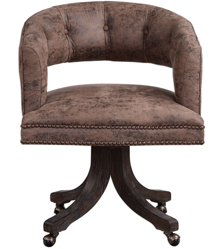 Uttermost 23409 Waylon Distressed Cocoa Brown Fabric and Dark Walnut Swivel Chair