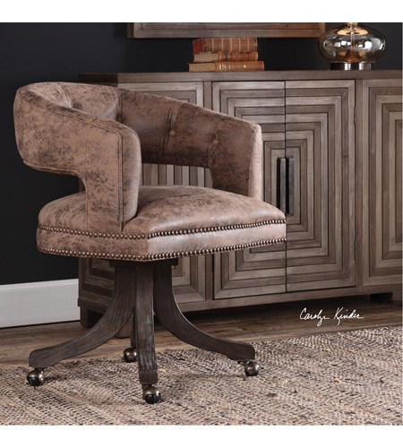 Uttermost 23409 Waylon Distressed Cocoa Brown Fabric and Dark Walnut Swivel Chair 23409_Lifestyle.jpg