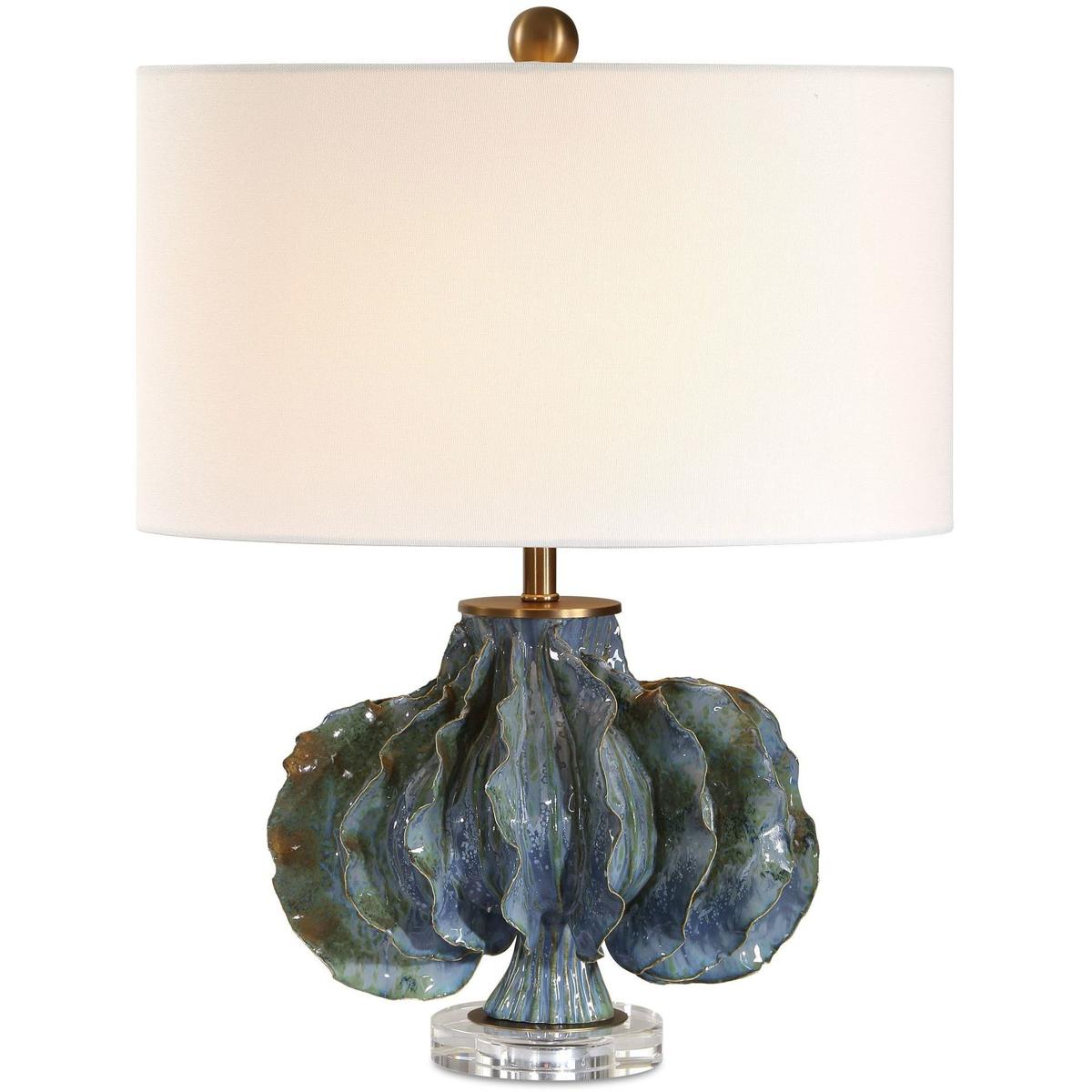 Uttermost 30674-1 Ruffle Up 23 inch 150 watt Blue and Green and Brown Glaze with Antique Brass Table Lamp Portable Light