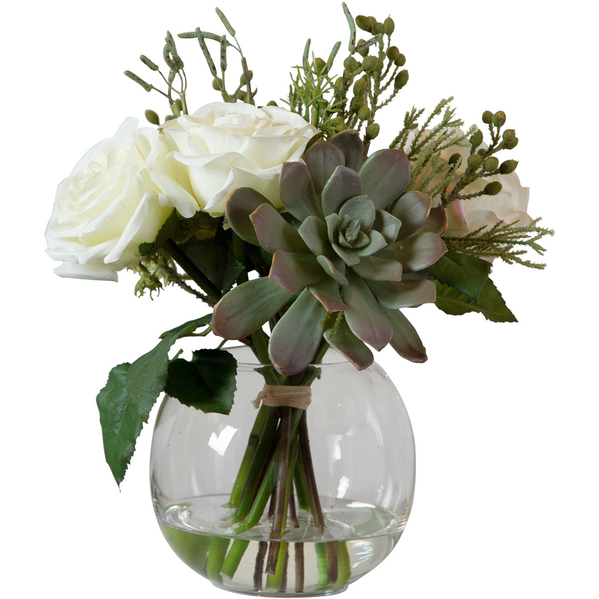 Uttermost 60182 Belmonte Green and Cream with Clear Glass Floral Bouquet and Vase