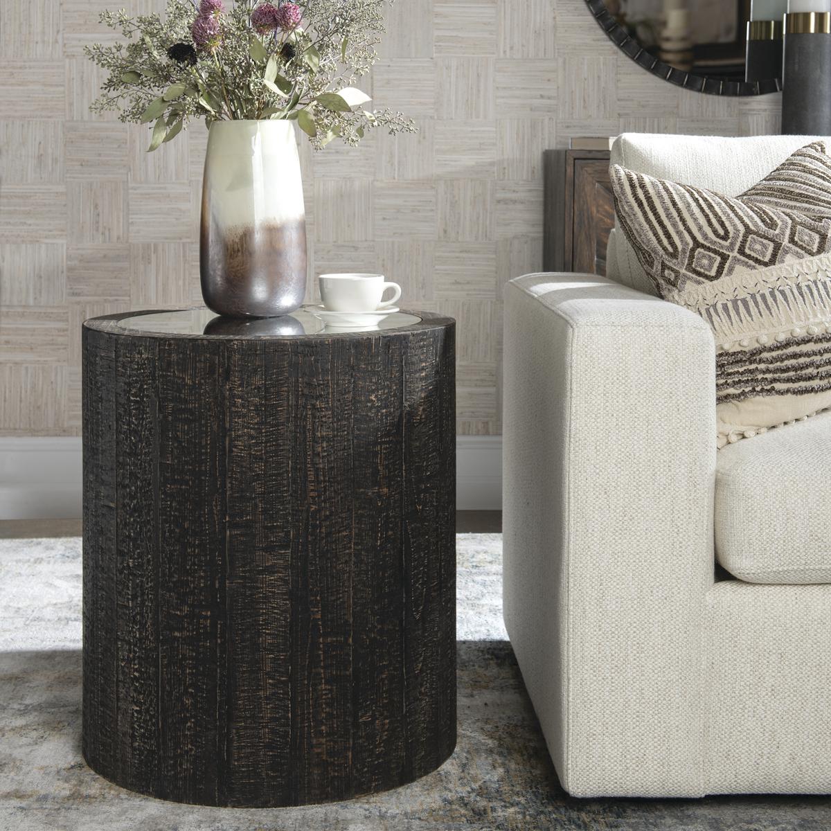 Uttermost 25289 Sequoia 25 X 22 inch Rustic Dark Walnut and Natural Woodgrain Texture Mirrored Drum Table