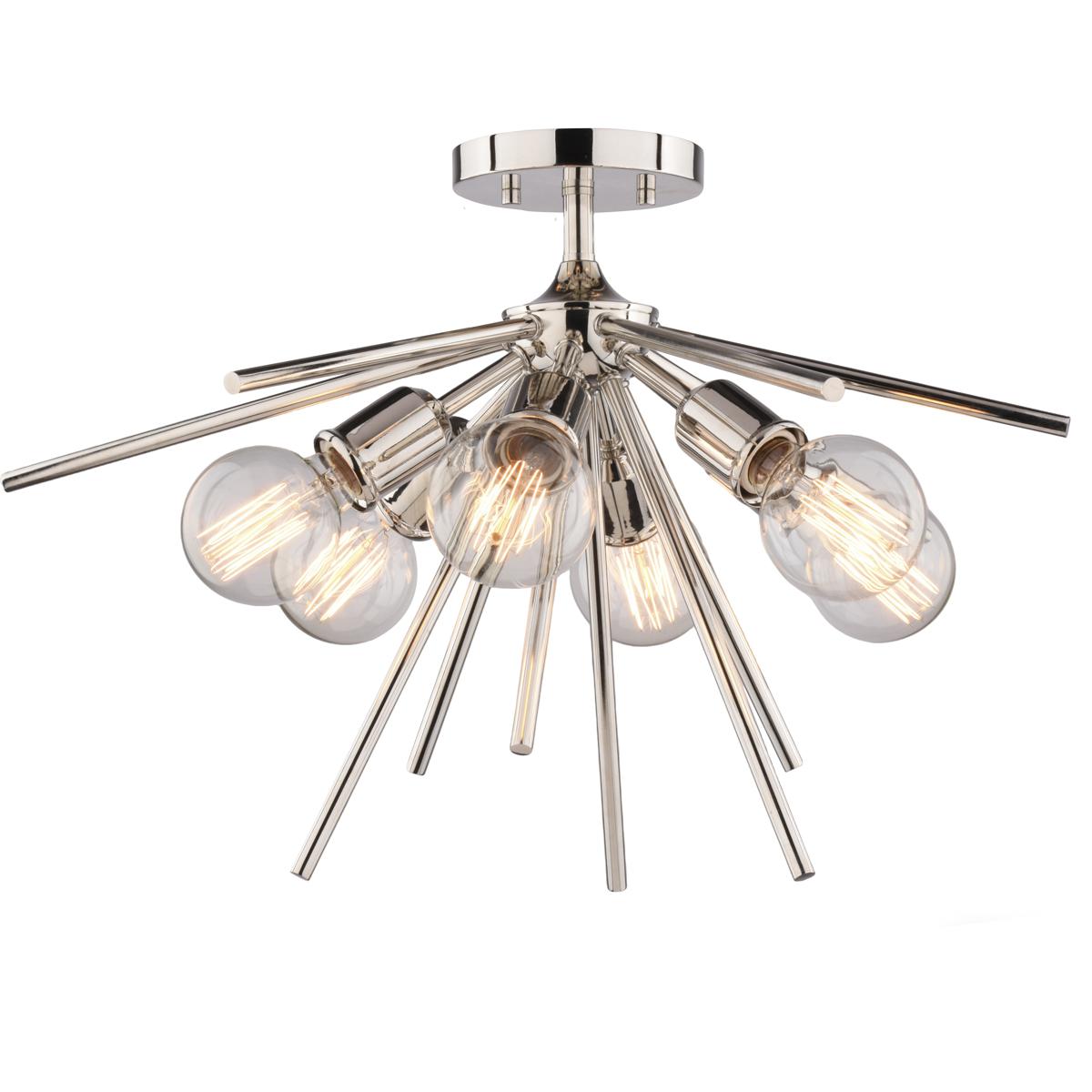 Estelle 6-Light 24 in W Polished Nickel Mid-Century Modern Sputnik Semi Flush Ceiling Fixture