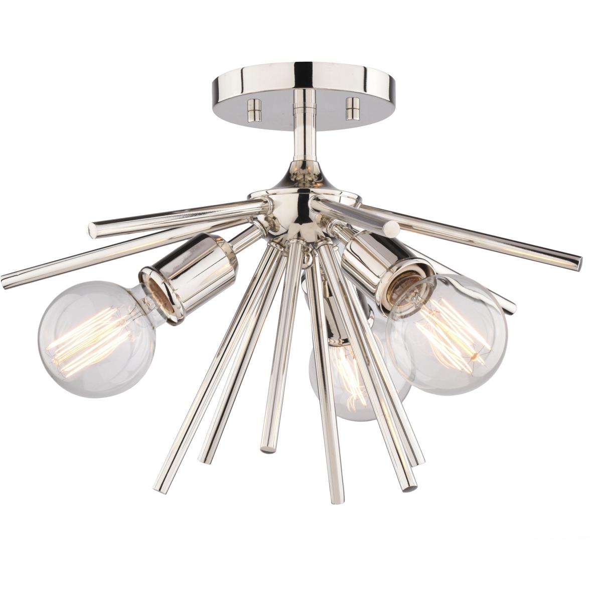 Estelle 3-Light 17 in W Polished Nickel Mid-Century Modern Sputnik Semi Flush Ceiling Fixture