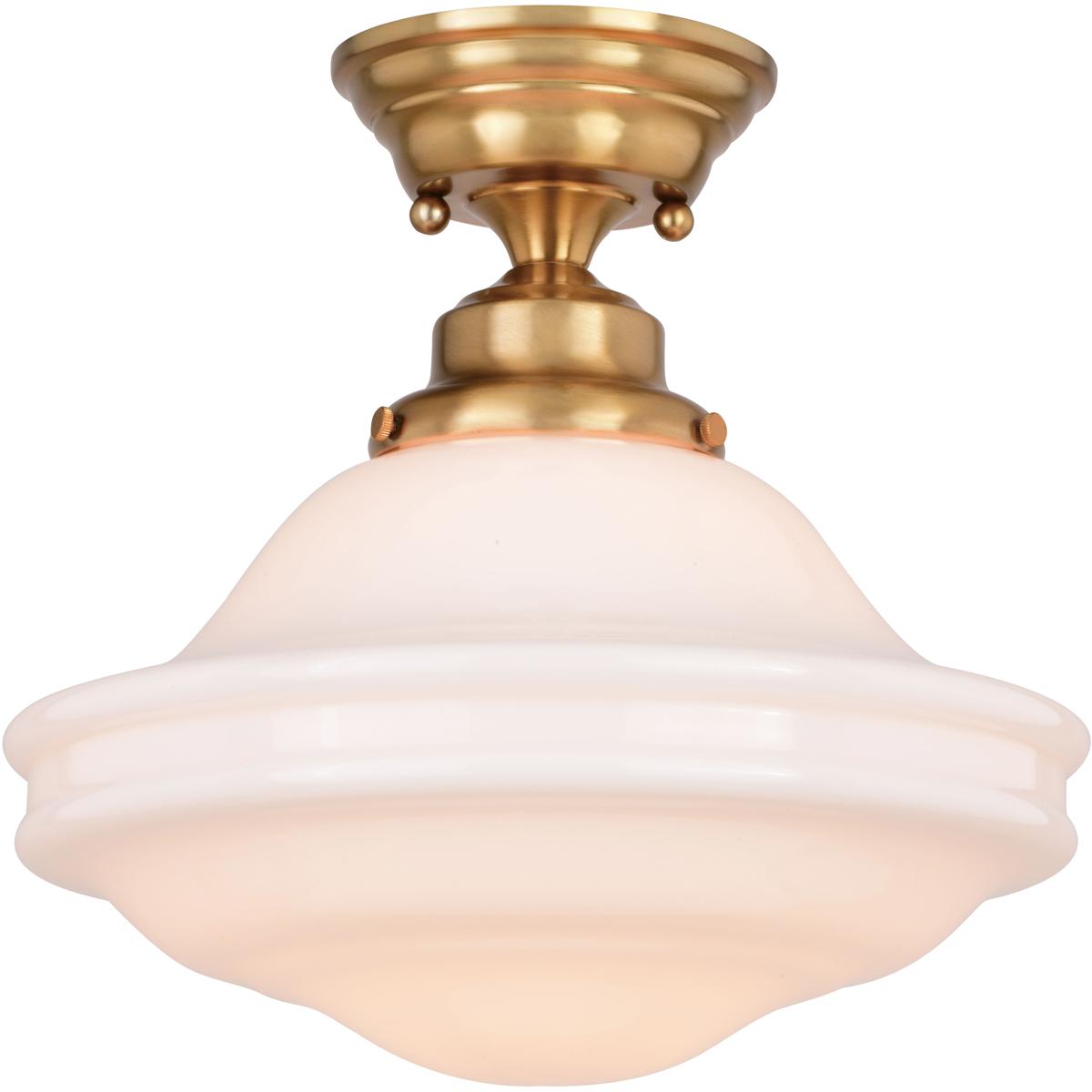 VAXCEL Huntley 12-in W Brass Farmhouse Schoolhouse Semi Flush Mount Ceiling Light White Glass
