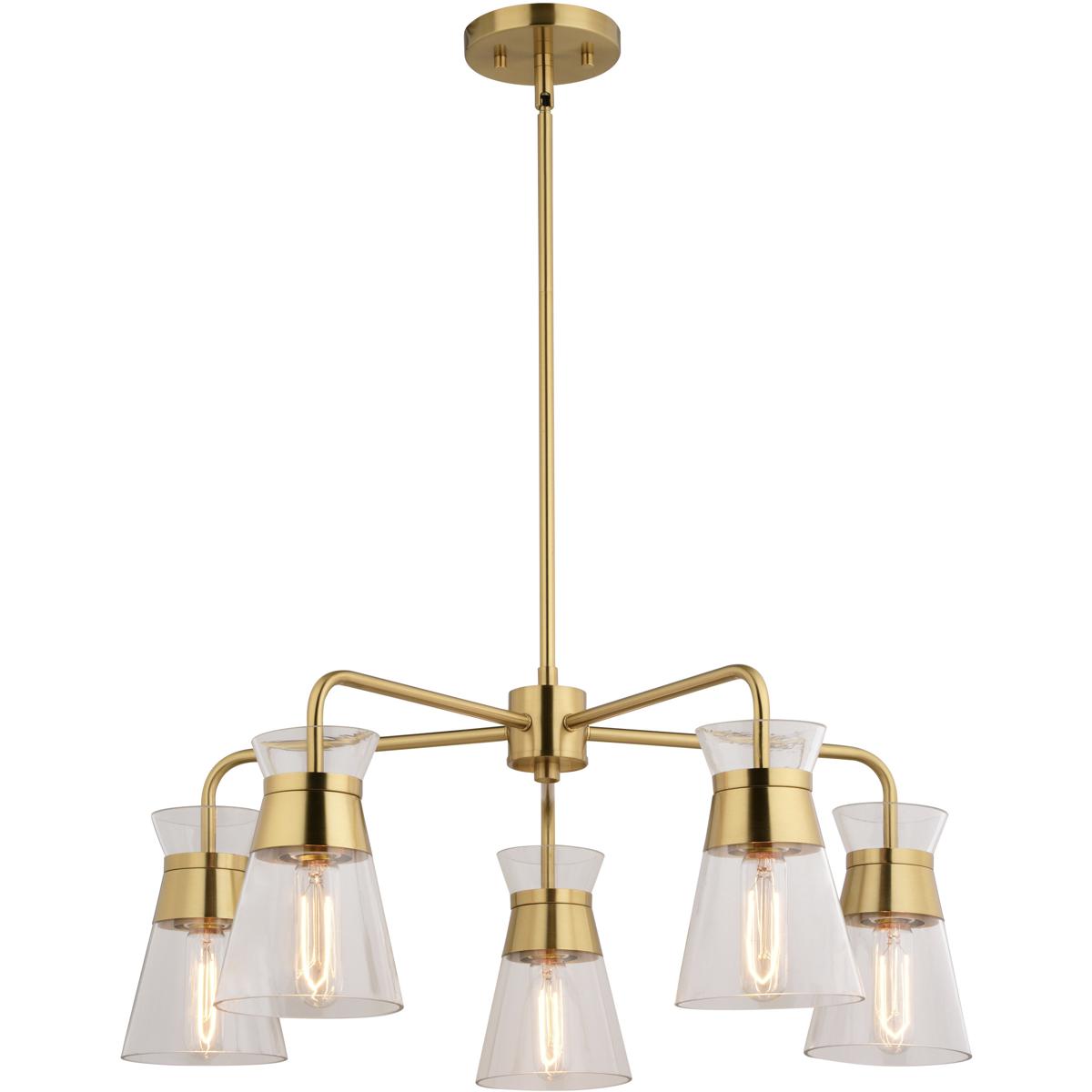 Harper 5-Light 27 in W Brass Gold Mid-Century Modern Chandelier, Clear Glass Ceiling Fixture