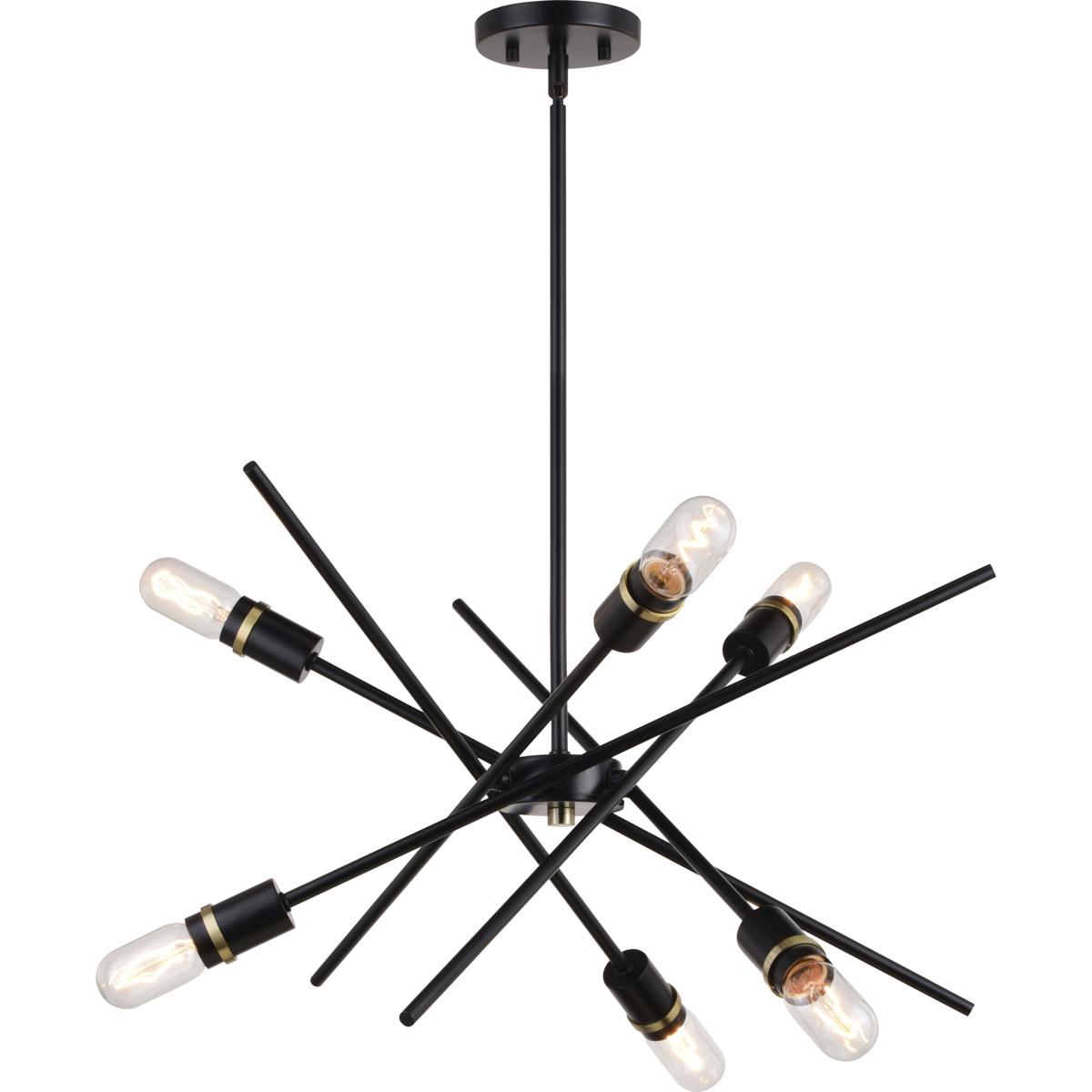 Halsted 6-Light 24.25 in W Black, Satin Brass Gold Mid-Century Modern Sputnik Pendant Fixture