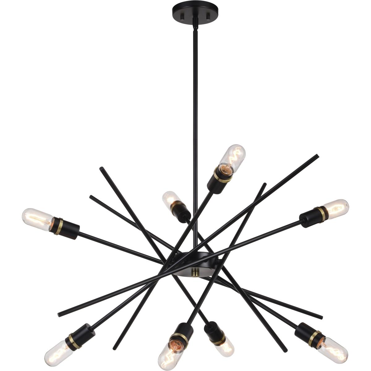 Halsted 8-Light 29.25 in W Black, Satin Brass Gold Mid-Century Modern Sputnik Pendant Fixture