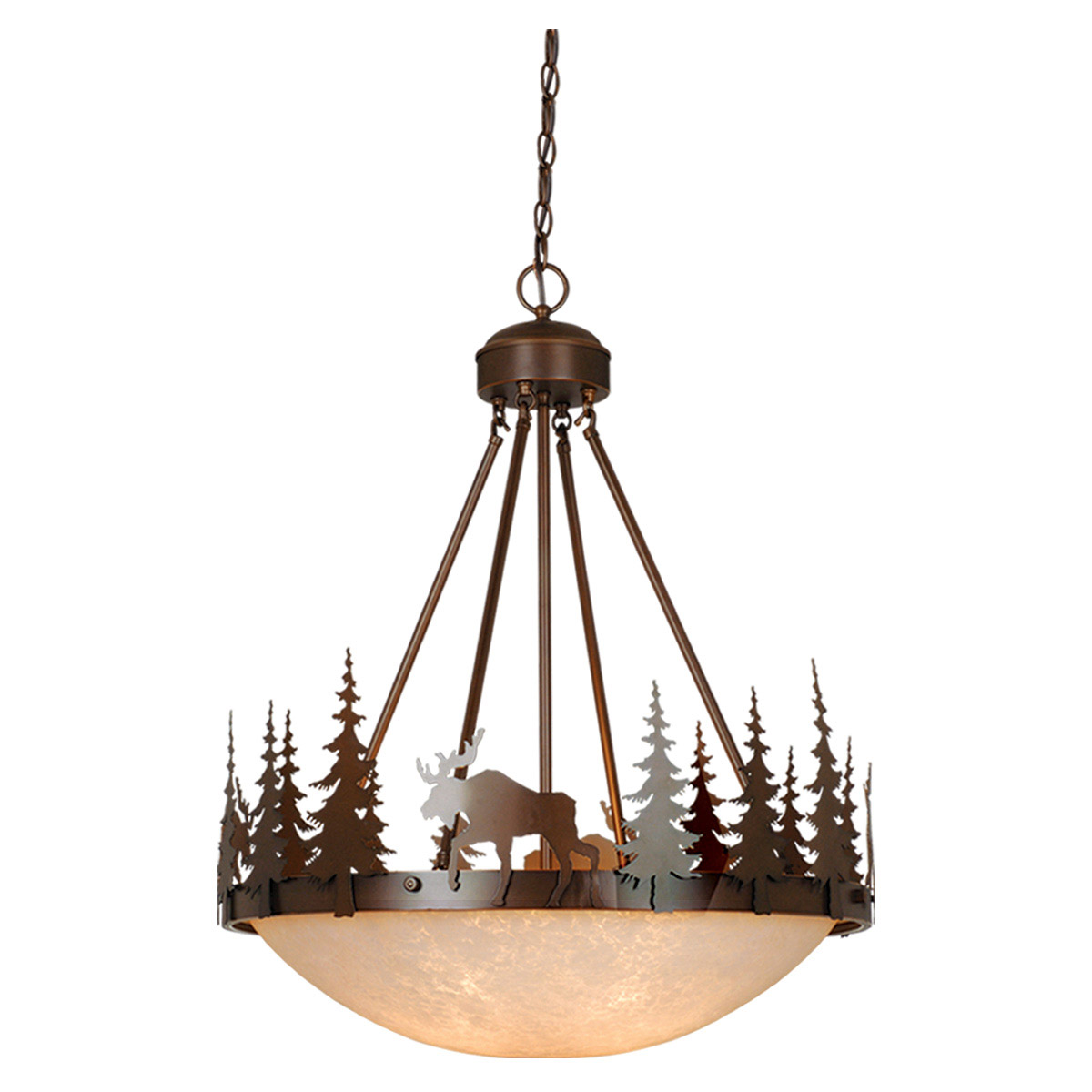Yellowstone 4-Light 24 in. Wide Burnished Bronze Rustic Moose Bowl Pendant Light Amber Glass