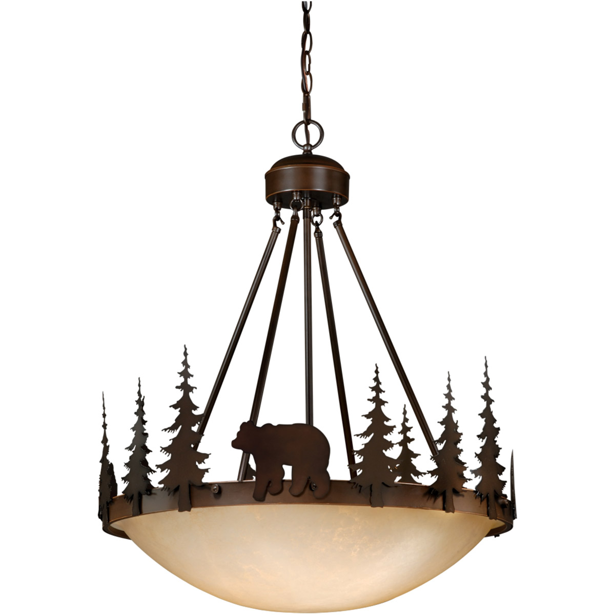 Bozeman 4-Light 24 in. Wide Burnished Bronze Rustic Bear Bowl Pendant Light Amber Glass