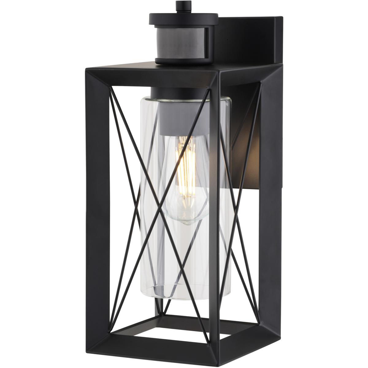Milton Matte Black Motion Sensor Dusk to Dawn Outdoor Wall Light Transitional Clear Glass