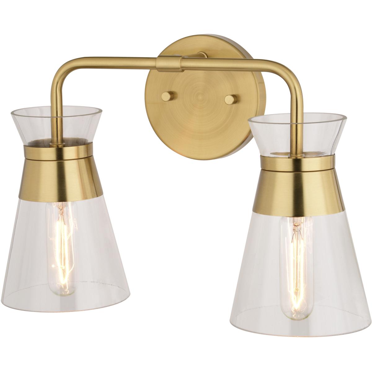 Harper 15 in W 2-Light Brass Gold Mid-Century Modern Bathroom Vanity Light Wall Fixture