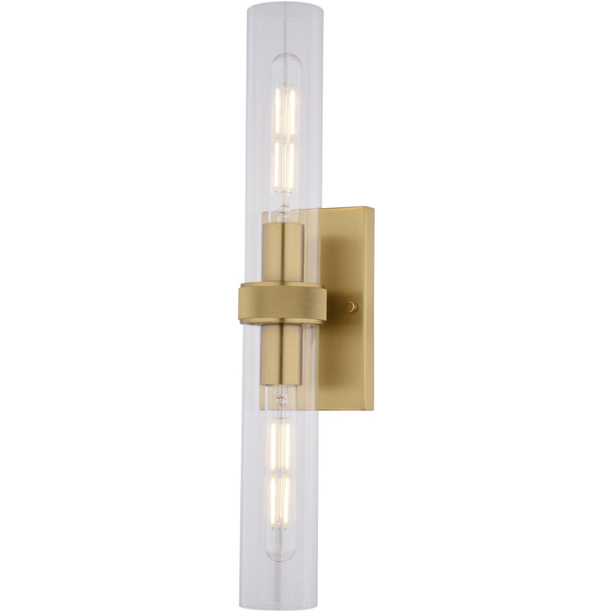 Bari 2-Light Satin Brass Wall Sconce, Clear Glass Shade, Dimmable Vanity