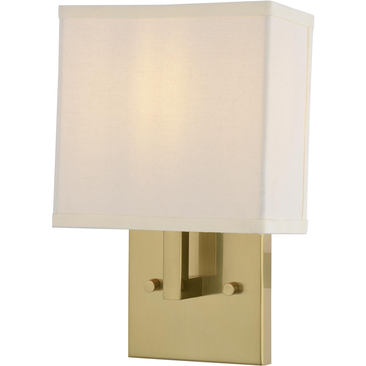 Glenview 1L Satin Brass Gold Wall Sconce, White Fabric Shade, ADA Vanity