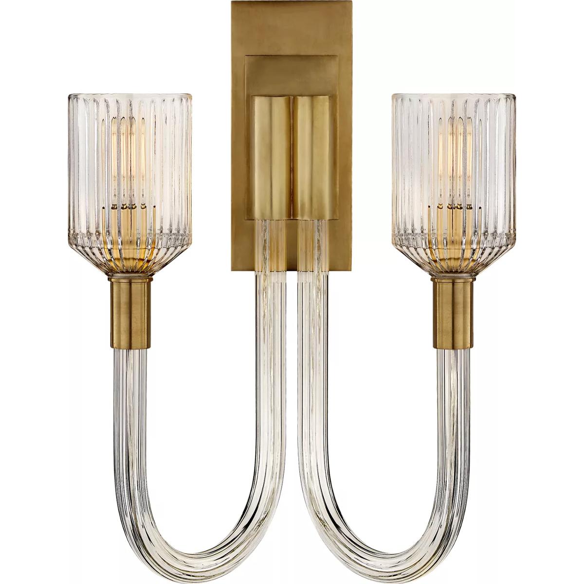 Visual Comfort Signature Collection KW2404CRB/AB Kelly Wearstler Reverie 2 Light 14 inch Clear Ribbed Glass and Brass Double Sconce Wall Light in Clea