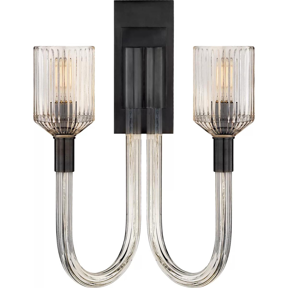 Visual Comfort Signature Collection KW2404CRB/BZ Kelly Wearstler Reverie 2 Light 14 inch Clear Ribbed Glass and Bronze Double Sconce Wall Light in Cle