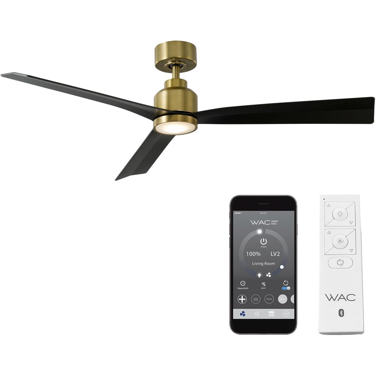 WAC Lighting F-003L-SB/MB Clean 52 inch Soft Brass Matte Black with Matte Black Blades Downrod Ceiling Fans in Satin Brass Matte Black, Smart Fan