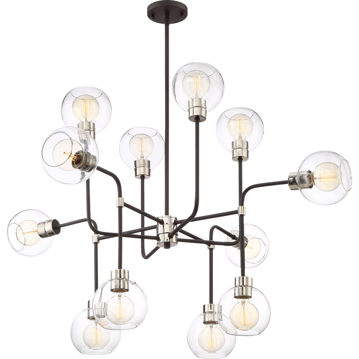 Zeev Lighting CD10223/12/PN+MBK Pierre 12 Light 44 inch Polished Nickel and Matte Black with Glass Chandelier Ceiling Light