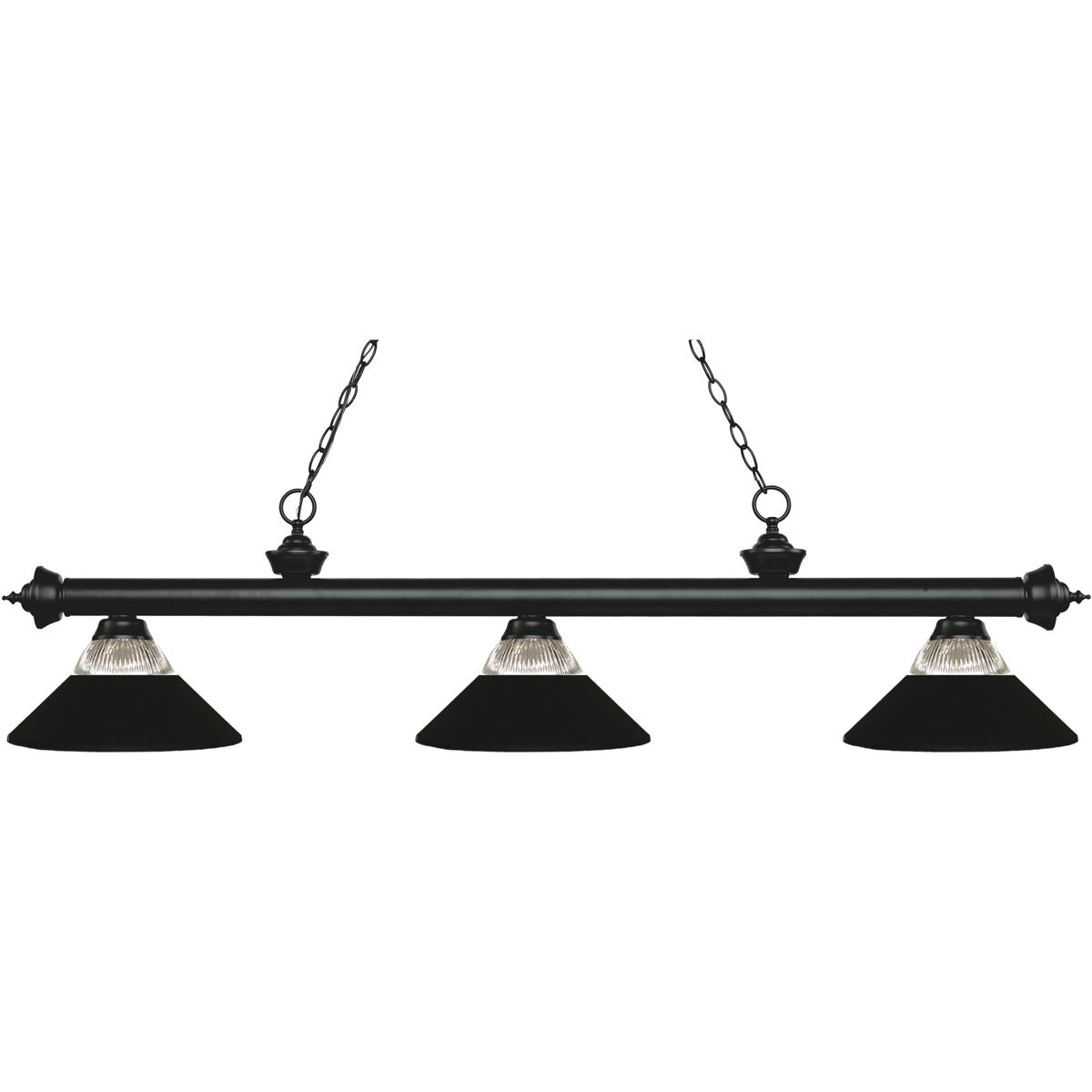 Z-Lite 200-3MB-RMB Riviera 3 Light 57.25 inch Matte Black Billiard Ceiling Light in 14.15, Clear Ribbed and Matte Black Glass and Steel