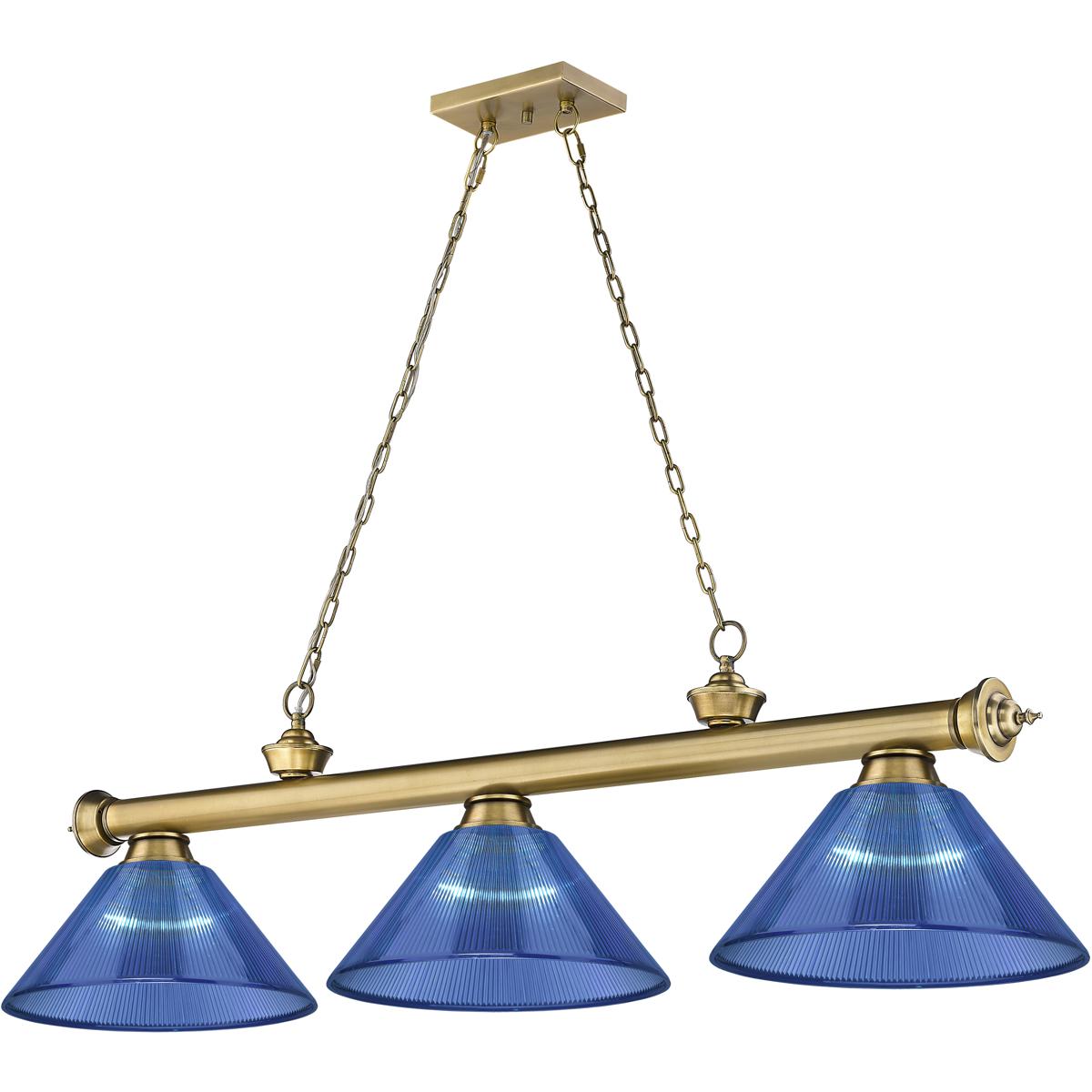 Z-Lite 2306-3RB-ARDB Cordon 3 Light 57.25 inch Rubbed Brass Billiard Ceiling Light in Dark Blue Acrylic