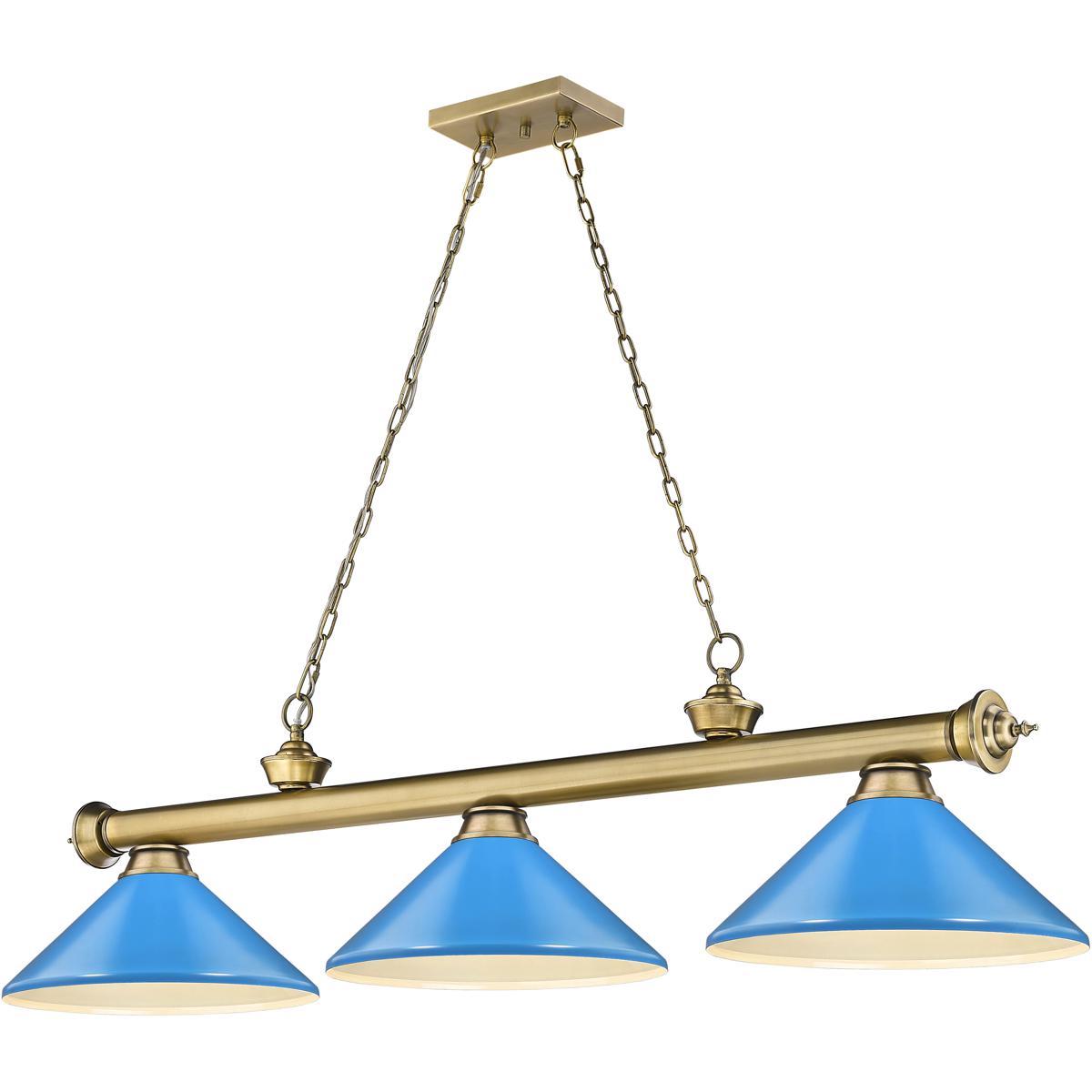 Z-Lite 2306-3RB-MEB Cordon 3 Light 58 inch Rubbed Brass Billiard Ceiling Light in Electric Blue Steel