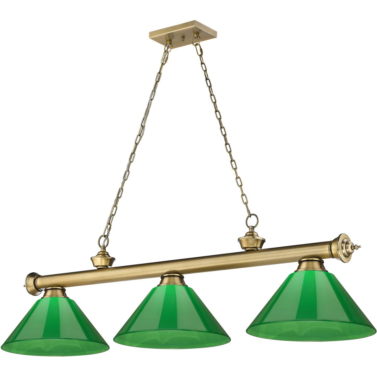 Z-Lite 2306-3RB-PGR Cordon 3 Light 57.25 inch Rubbed Brass Billiard Ceiling Light in Green Plastic