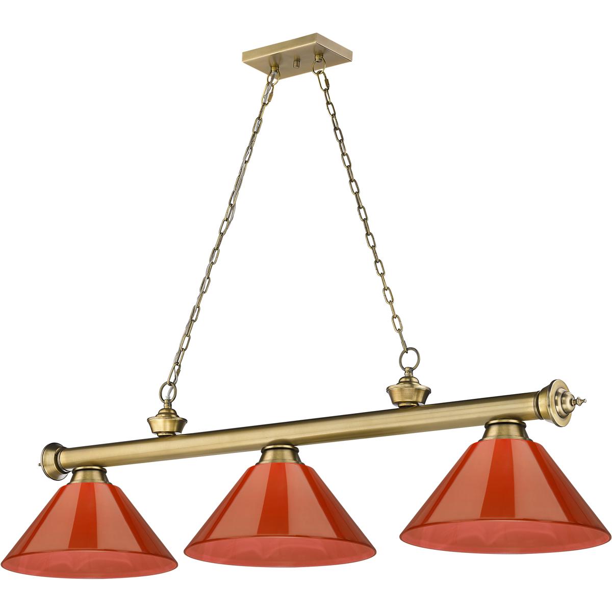 Z-Lite 2306-3RB-PRD Cordon 3 Light 57.25 inch Rubbed Brass Billiard Ceiling Light in Red Plastic