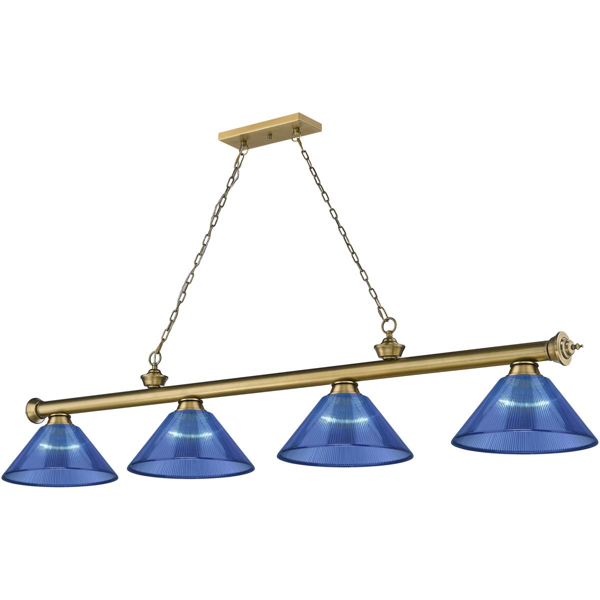 Z-Lite 2306-4RB-ARDB Cordon 4 Light 81.25 inch Rubbed Brass Billiard Ceiling Light in Dark Blue Acrylic