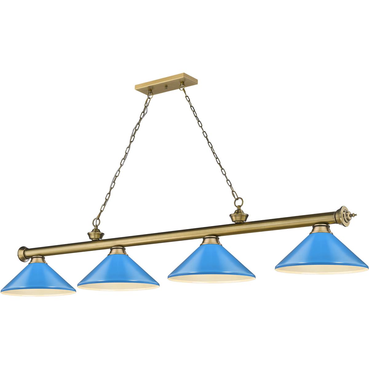 Z-Lite 2306-4RB-MEB Cordon 4 Light 81.75 inch Rubbed Brass Billiard Ceiling Light in Electric Blue Steel