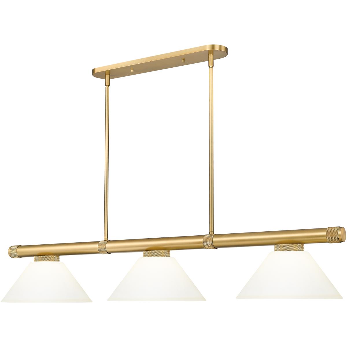 Z-Lite 3050-3RB-AMO14 Vanguard 3 Light 58.5 inch Rubbed Brass Billiard Ceiling Light in Matte Opal Glass